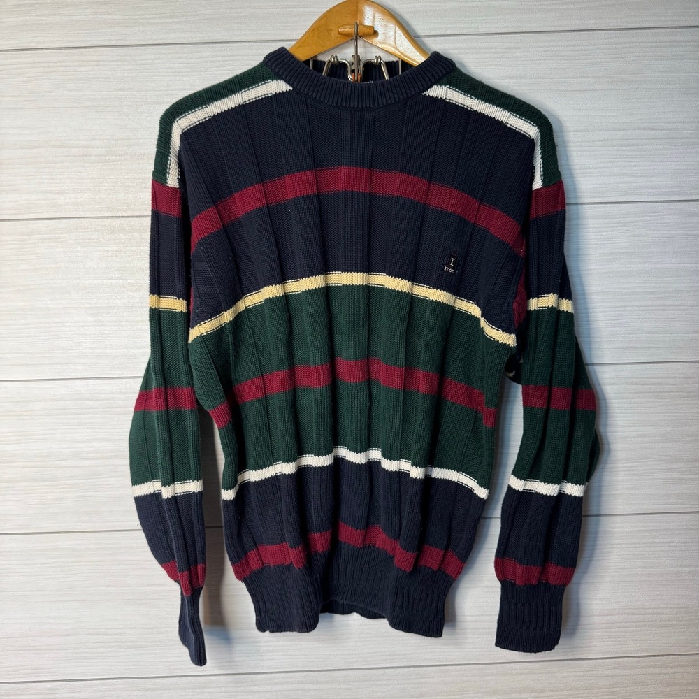Izod Mens Large Striped Crewneck Sweater Cotton Ribbed Knit Dark Academia Preppy